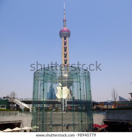 SHANGHAI-MARCH 24, 2012: View of the Apple store on March 24, 2012 in Shanghai, Pudong District. This is China\'s second Apple the store opened on July 10, 2010.