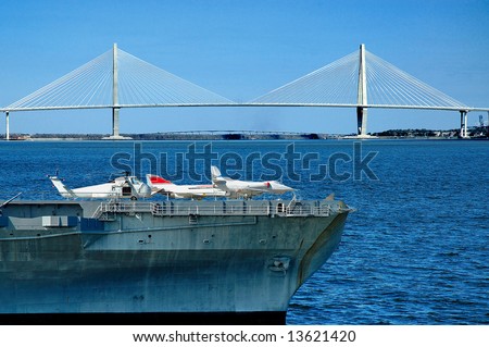 Yorktown on Cooper River with the Arthur J. Ravenel Bridge in the background in downtown Charleston, South Carolina.