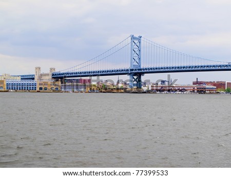 Benjamin Franklin Bridge as seen from the New Jersey side of the Delaware River with Philadelphia, Pennsylvania in the background.