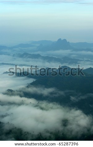 Sea of fog on the piling-up mountains seen here are view from Khao white elephant, Thong Pha Phum National Park, Kanchanaburi Province, Thailand