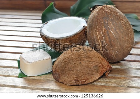 soap  coconut with coconuts arranged on a wooden pallet