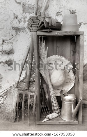 garden tools and accessories in a rustic setting