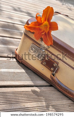 flower placed on a small retro suitcase on wooden floor