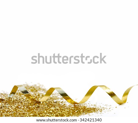 ribbon and golden confetti on white background