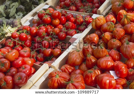 Various types of tomatoes ready for sale at farmers\' market. Trademarks are retouched.