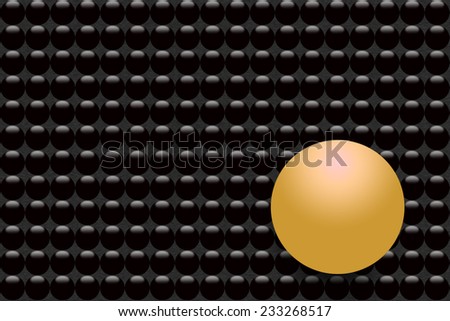Pattern of black metal background with black balls. Golden bigger ball is in the foreground them.