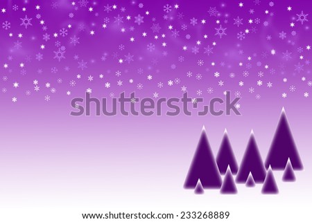 The purple blurred balls and snowflakes on a purple background. Balls and snowflakes are placed on the top of the picture. Purple silhouettes of trees are placed  in the bottom right  of the picture.