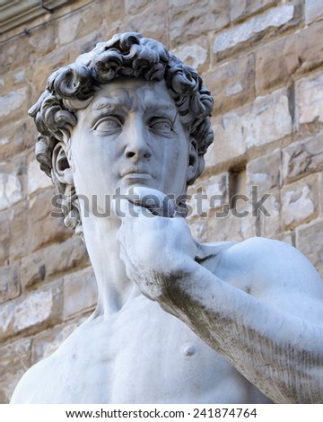 The replica of  David sculpture  by Michelangelo in Florence. Detail of the head and forearm. (Tuscany, Italy)