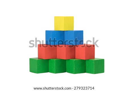 Pyramid from wooden cubes isolated on a white background. Bottom line of green cubes over which there are three red cubes over which there are two blue cubes on top is a yellow cube. Front view
