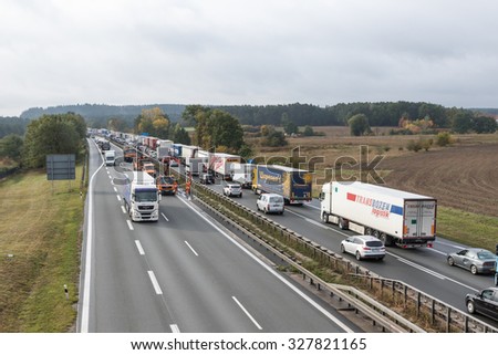 NUREMBERG, GERMANY - OCT 07: Bundesautobahn 3 links the border with the Netherlands to the Austrian border. Its total length of 778 km (483 mi). October 07, 2015  near Nuremberg, Germany.