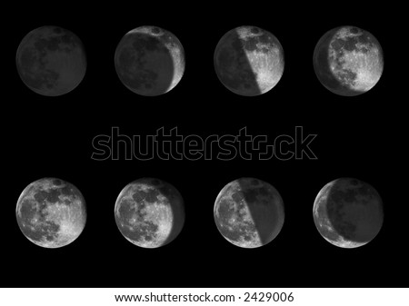 Composite of eight images of the moon showing areas in shadow during the phases of the moon