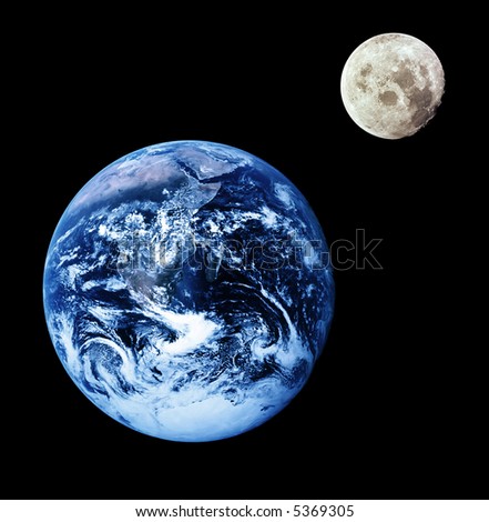 Composite image of earth and moon. Moon orbiting earth. Source images courtesy of NASA