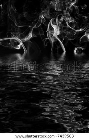 Gray smoke on water with reflection in rippled water