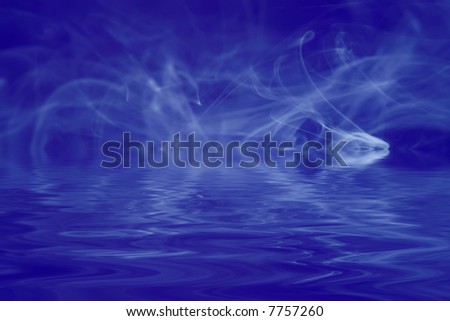 Smoke on blue background reflected in water