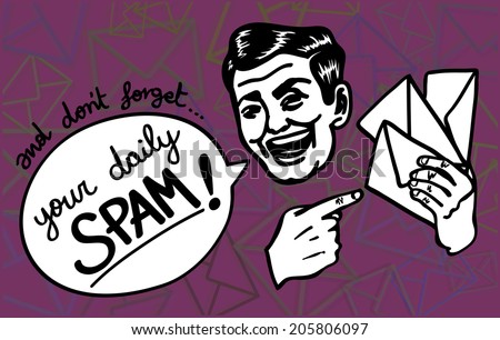 Retro vintage clipart: Spam happens! Excited spammer man gaily reminds you about the junk mail jamming your inbox.