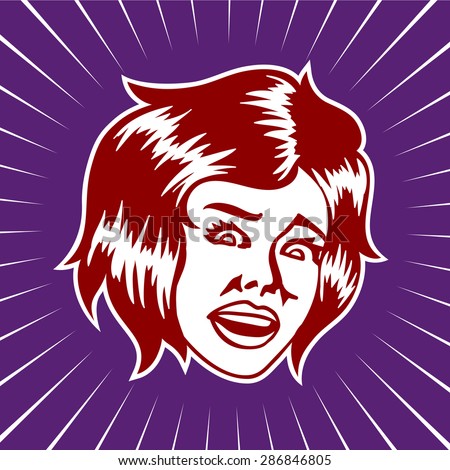 Vintage scared terrified woman face looking at something shocking vector illustration