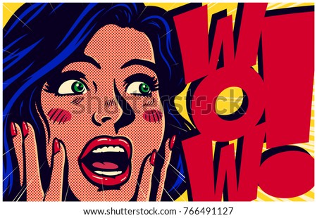 Vintage pop art style comic book panel with surprised and excited woman saying wow looking at something amazing retro vector poster design illustration