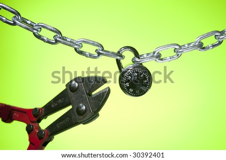 cutting open chain lock on green background