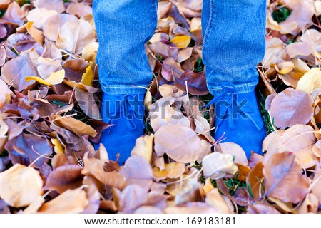 closeup of kids feet in beautiful blue suede shoes on yellow leaves