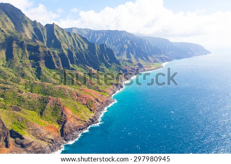 aerial view from helicopter at gorgeous na pali coast at kauai island, hawaii
