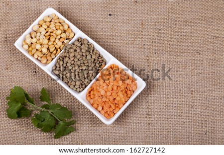 Three types of dried legumes with fresh coriander