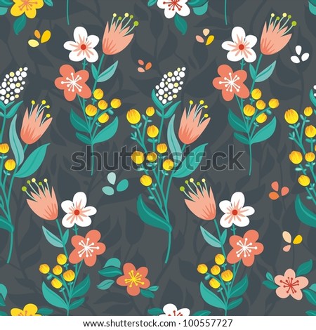 Beautiful stylized flowers, summer flowers. blue background, bright flowers and leaves. upright
