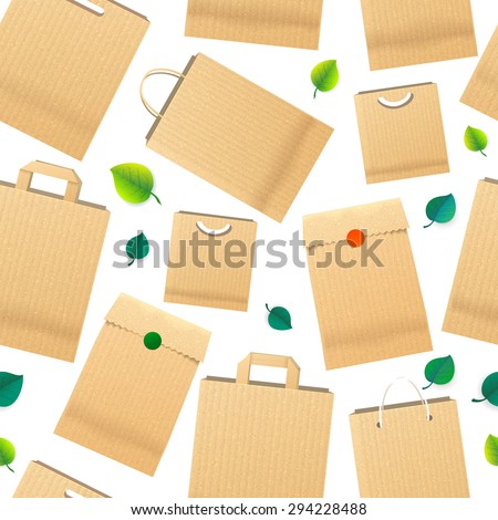 Raper Bag Ecology Seamless Pattern with Green Leaves. Recycle brown paper bag