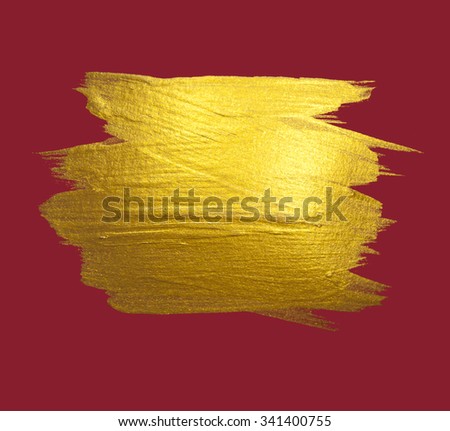 Gold watercolor texture paint stain abstract illustration red background. Shining brush stroke for you amazing Merry Christmas and Happy New Year design project