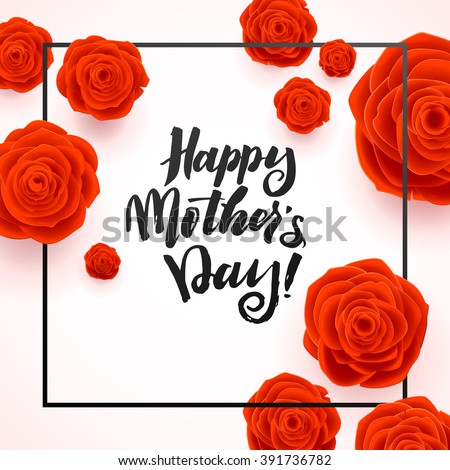 Happy Mothers Day Beautiful Blooming Red Rose Flowers on White Background. Greeting Card