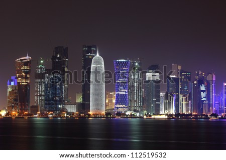 Doha Skyline At Night, Qatar, Middle East