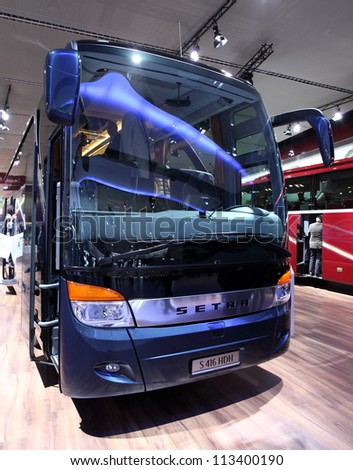 HANNOVER - SEP 20: New Setra S 416 HDH Bus at the International Motor Show for Commercial Vehicles on September 20, 2012 in Hannover Germany