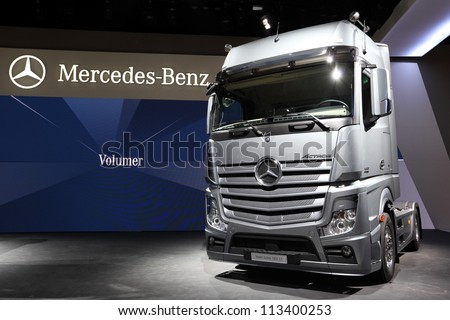 HANNOVER - SEP 20: New Mercedes Benz Actros 1851 LS Truck at the International Motor Show for Commercial Vehicles on September 20, 2012 in Hannover Germany