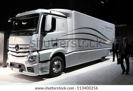 HANNOVER - SEP 20: New Mercedes Benz Aerodynamics Truck at the International Motor Show for Commercial Vehicles on September 20, 2012 in Hannover Germany