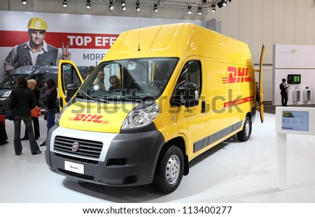 HANNOVER - SEP 20: Fiat Ducato DHL Delivering Van at the International Motor Show for Commercial Vehicles on September 20, 2012 in Hannover Germany