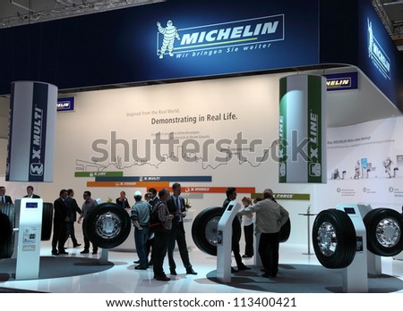 HANNOVER - SEP 20: Michelin Tyres Stand at the International Motor Show for Commercial Vehicles on September 20, 2012 in Hannover Germany