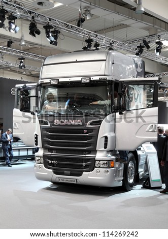HANNOVER - SEP 20: New Scania R730 Truck at the International Motor Show for Commercial Vehicles on September 20, 2012 in Hannover Germany