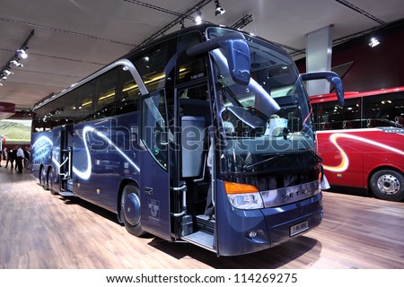 HANNOVER - SEP 20: New Setra S 416 HDH Bus at the International Motor Show for Commercial Vehicles on September 20, 2012 in Hannover Germany