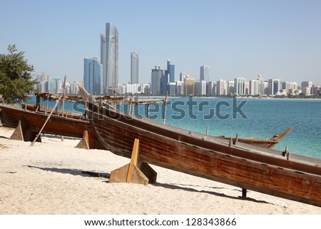 Traditional arabian boats on the beach of Abu Dhabi United Arab Emirates Traditional arabian boats on the beach of Abu Dhabi United Arab Emirates
