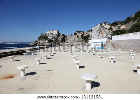 Picnic tables at the recreational area of the Keys Promenade in Gibraltar
