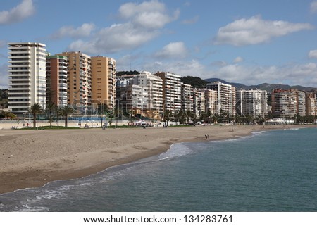 Beach and waterfront district La Caleta in Malaga, Andalusia Spain
