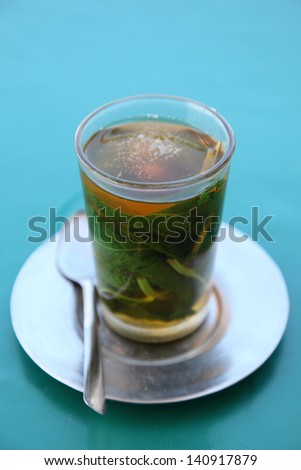 Traditional moroccan mint tea as served in a cafe in Rabat, Morocco