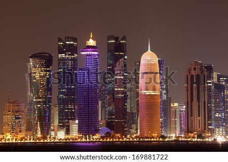 Doha Downtown Skyline At Night, Qatar, Middle East