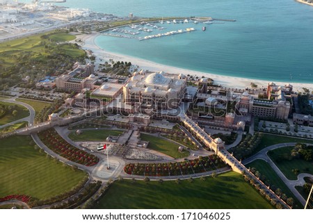 Aerial view of the Emirates Palace in Abu Dhabi, United Arab Emirates
