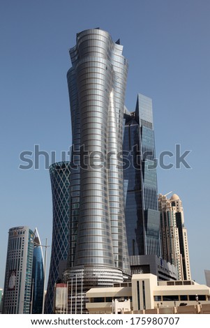 DOHA, QATAR - DEC 18: Skyscrapers in Doha downtown Al Dafna. December 18th 2013 in Doha, Qatar, Middle East
