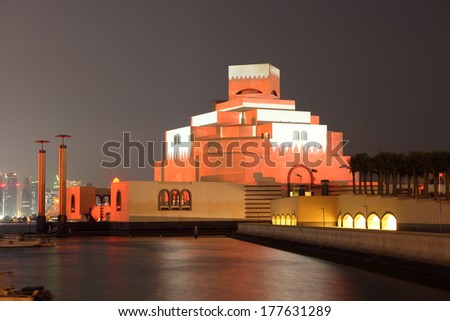 DOHA, QATAR - DEC 17: Museum of Islamic Art in Doha illuminated at the National Day of Qatar. December 17th 2013 in Doha, Qatar, Middle East
