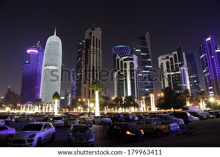 DOHA, QATAR - DEC 16: Doha downtown Al Dafna at night. Qatar, Middle East. December 16th 2013 in Doha, Qatar, Middle East