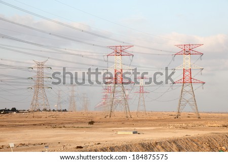 Power lines in the desert of Qatar, Middle East