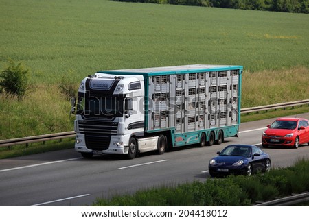 LEIPZIG, GERMANY - JUNE 1: Animal transport truck on the highway in Germany. June 1, 2014 in Leipzig, Germany