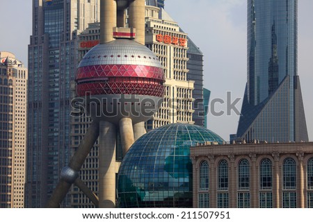 SHANGHAI, CHINA - NOV 22: Detail of the Oriental Pearl Tower in Pudong. November 22, 2010, in Shanghai, China