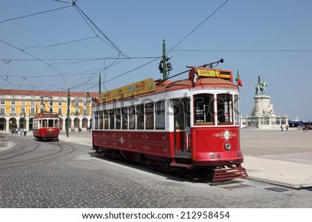 LISBON, PORTUGAL - JUNE 26: Historic tramway on Commerce Square in Lisbon. June 26, 2010 in Lisbon, Portugal